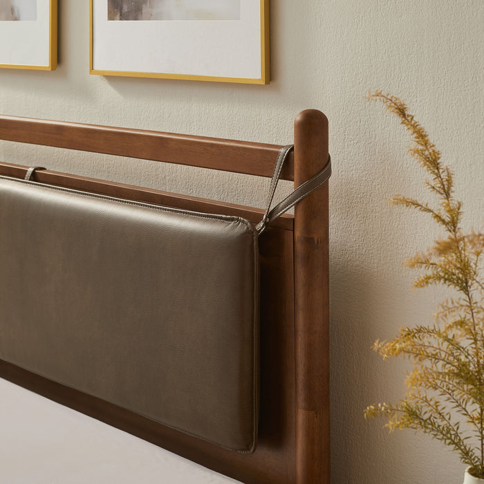 Leni Vegan Leather and Wood Platform Bed Frame Walnut Mushroom / Queen