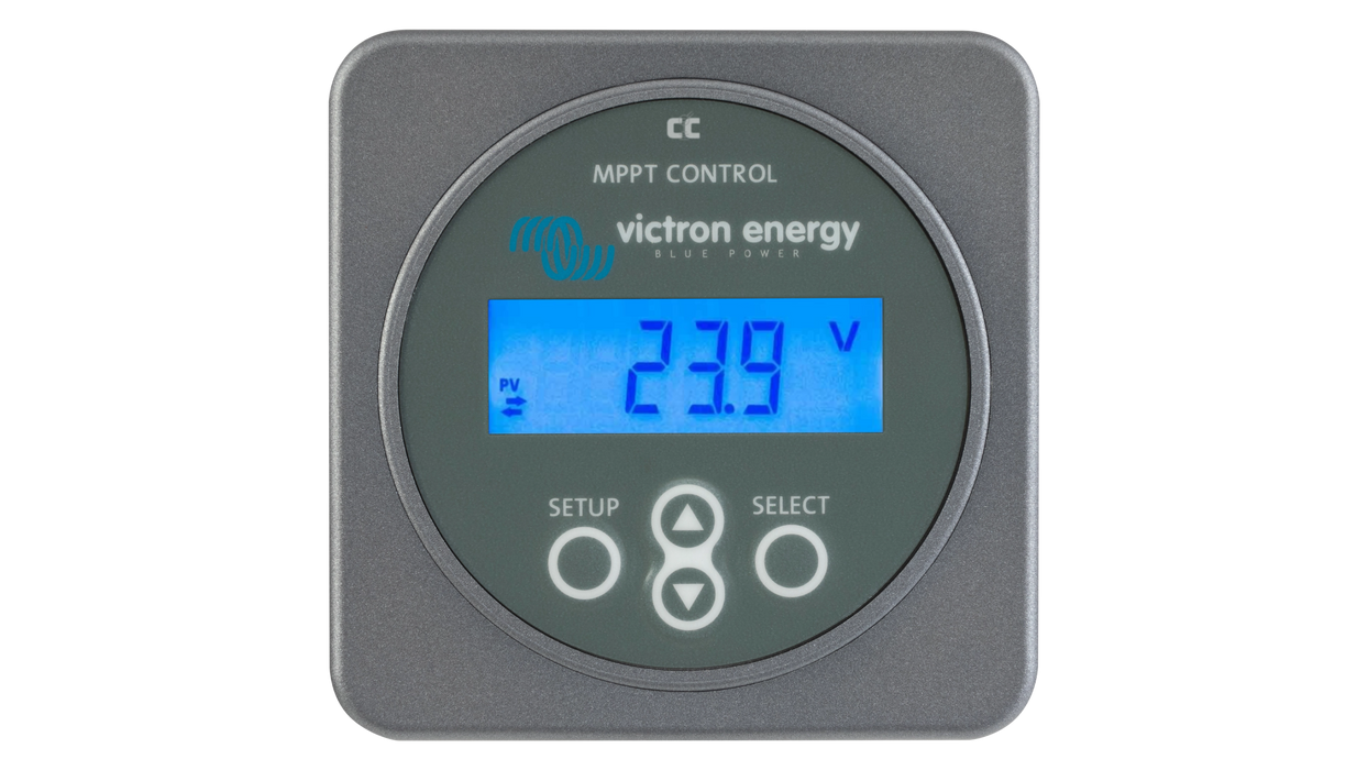 Victron Energy MPPT Control display, lit screen showing battery voltage