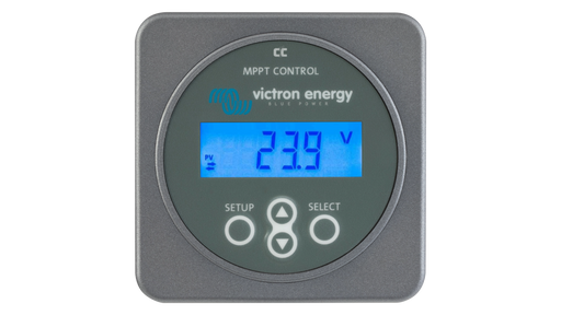 Victron Energy MPPT Control display, lit screen showing battery voltage