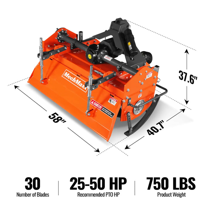 48 in Rotary Tiller,  3 Point Hitch Cat.1 & 2,  Gear Drive,  PTO Shaft — angle view