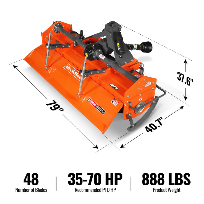 72 in Rotary Tiller,  3 Point Hitch Cat.1 & 2,  Gear Drive,  PTO Shaft — angle view
