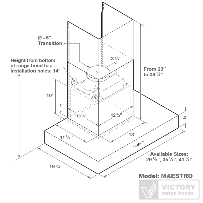 Victory Range Hoods 36 Inch 600 CFM Wall Mount Range Hood - VICTORY Maestro