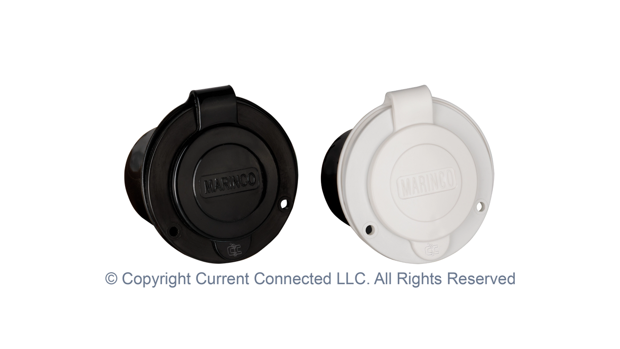 High quality photo of the Marinco - 150BBI.RV - 15A 125V Straight Blade Power Inlet - Both Black and White. Photographed by Current Connected.
