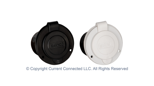 High quality photo of the Marinco - 150BBI.RV - 15A 125V Straight Blade Power Inlet - Both Black and White. Photographed by Current Connected.
