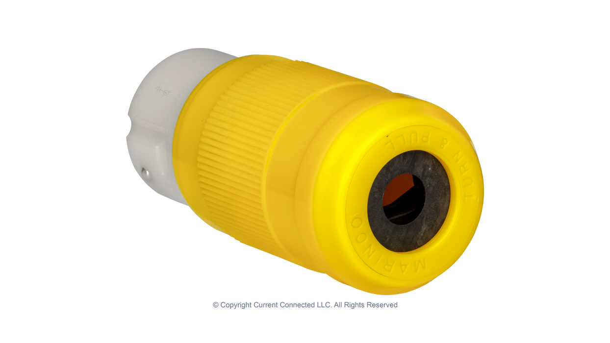 High quality photo of the cable gland end of a Marinco 50A twist-lock cord-end with the boot removed, photographed by Current Connected