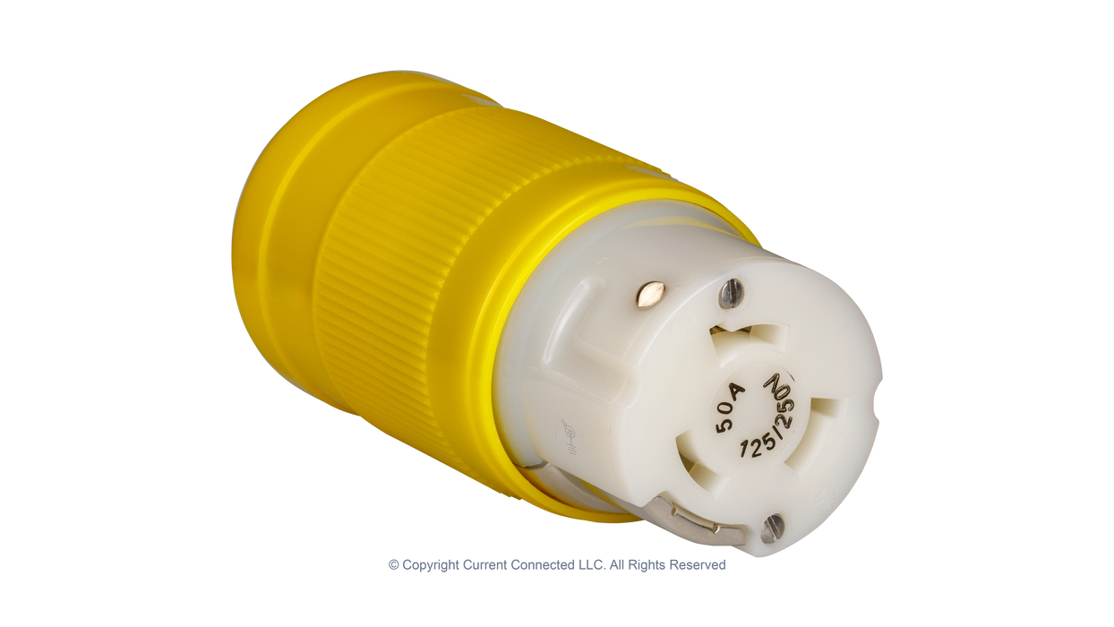 High quality photo of the Marinco 50A twist-lock cord-end with boot removed, photographed by Current Connected