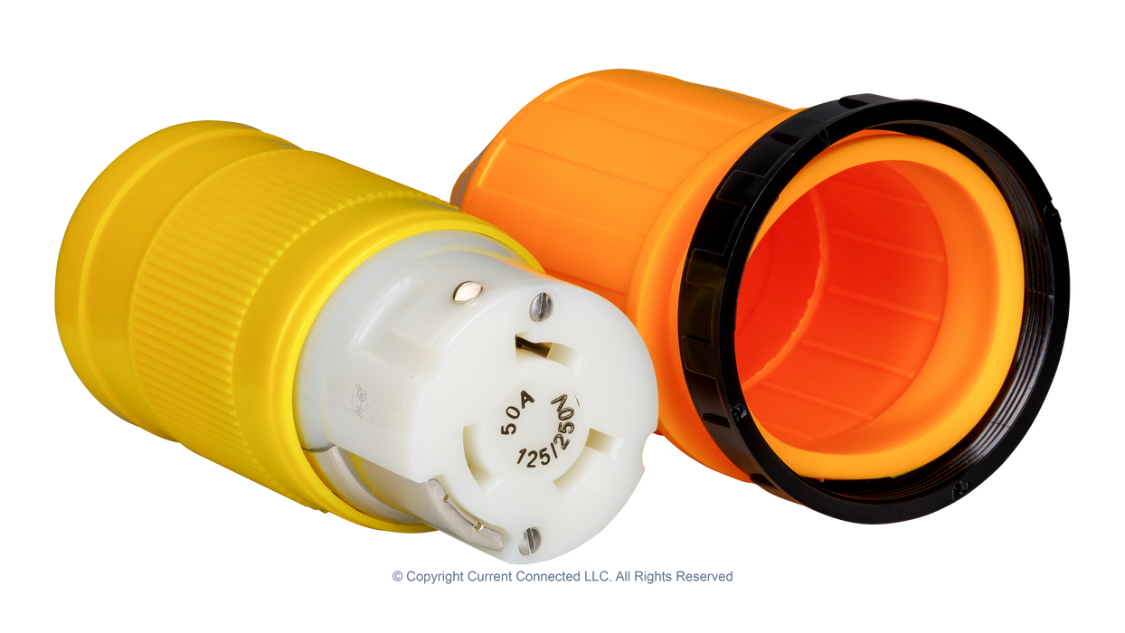 High quality isometric photo of a Marinco 50A twist-lock cord-end + boot kit, photographed by Current Connected