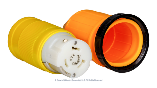 High quality isometric photo of a Marinco 50A twist-lock cord-end + boot kit, photographed by Current Connected