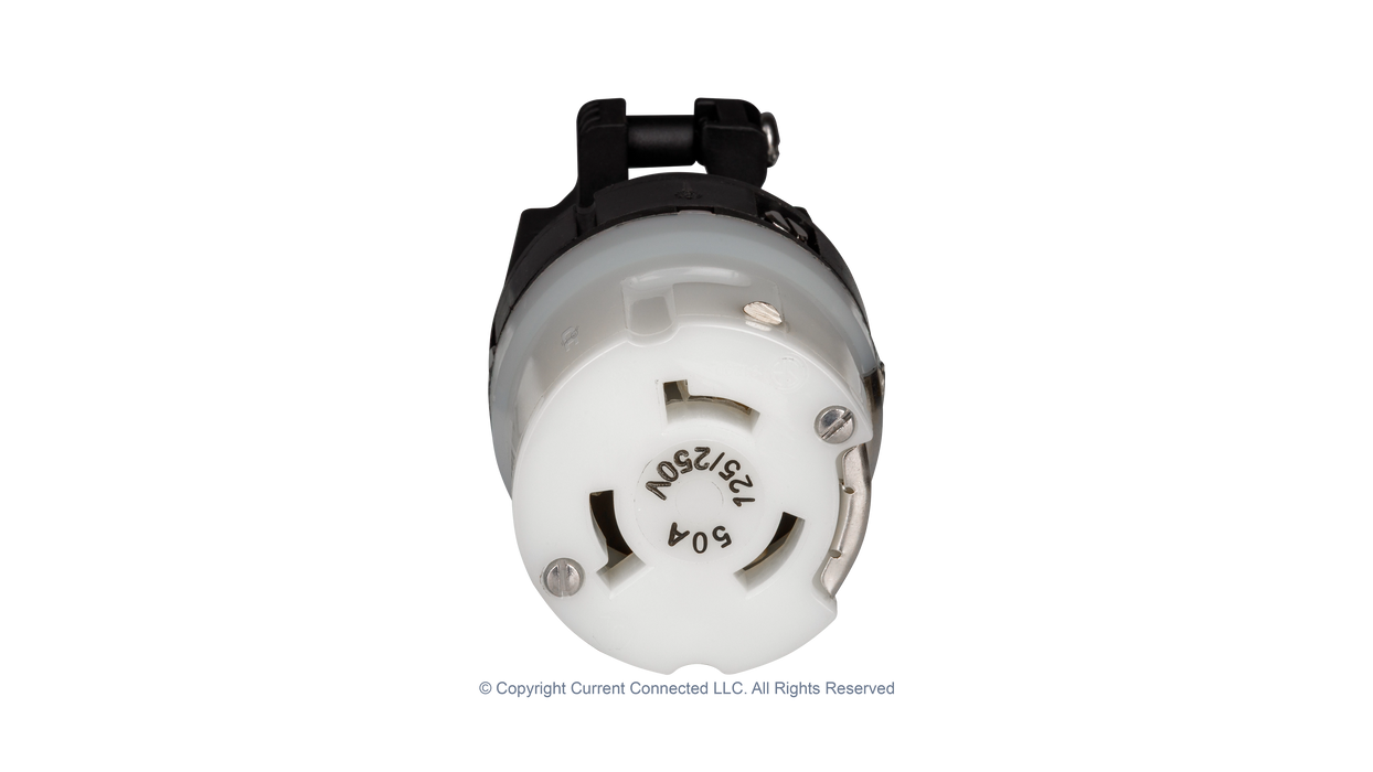 High quality photo of the contact side of a Marinco 50A twist-lock cord-end with the boot removed, photographed by Current Connected