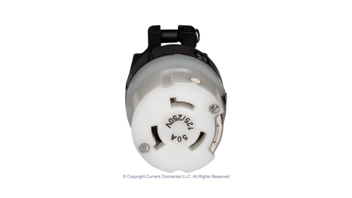 High quality photo of the contact side of a Marinco 50A twist-lock cord-end with the boot removed, photographed by Current Connected