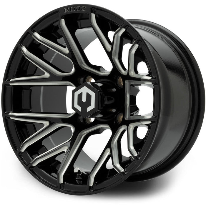 MODZ Matrix 12x7 Glossy Black with Ball Mill 12" Golf Cart Wheel