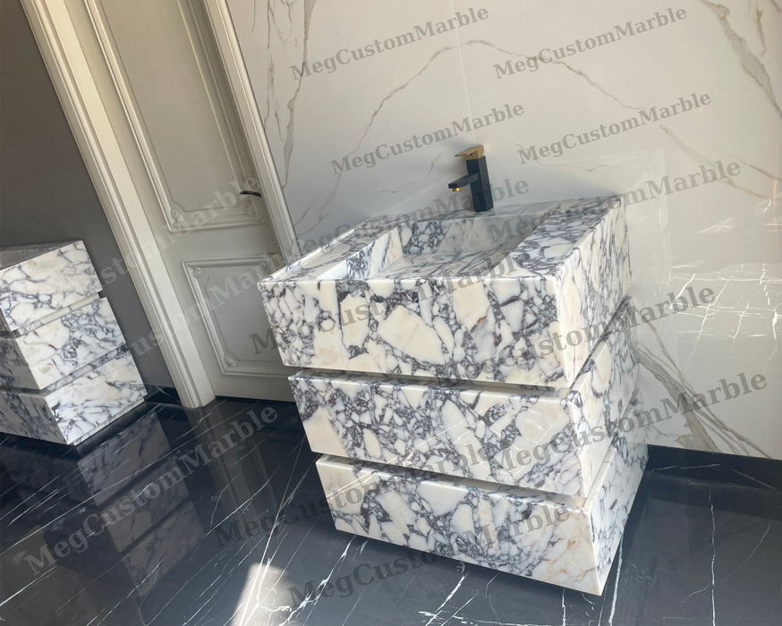 MEG Custom Marble By Ziynet A. LLC Made to-order Freestanding Vanity Unit with marle drawers... Sink & Faucet - Close-Up