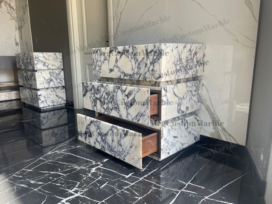 MEG Custom Marble By Ziynet A. LLC Made to-order Freestanding Vanity Unit with marle... Sink & Faucet - Lifestyle View