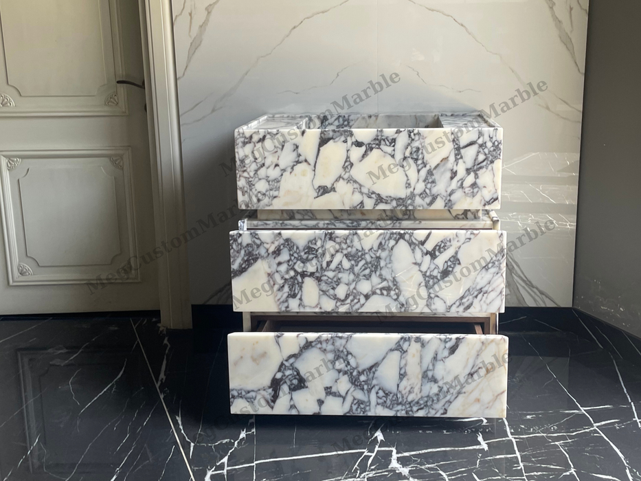 MEG Custom Marble By Ziynet A. LLC Made to-order Freestanding Vanity Unit with marle drawers... Sink & Faucet - Side View