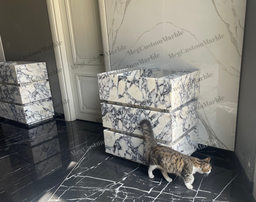 MEG Custom Marble By Ziynet A. LLC Made to-order Freestanding Vanity Unit with marle drawers... Sink & Faucet - Detail View