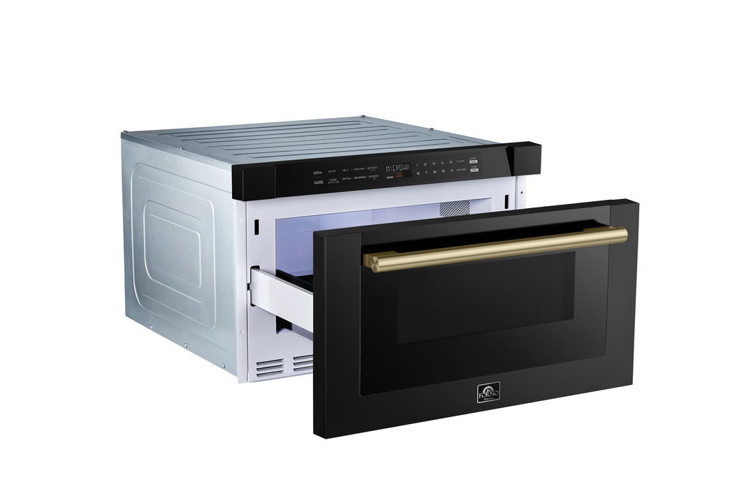 Forno Espresso Capoliveri 24-inch microwave drawer open at an angle showing drawer depth