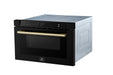 Forno Espresso Capoliveri 24-inch microwave drawer in black, angled right view showing antique brass handle