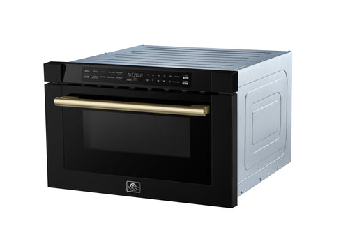 Forno Espresso Capoliveri 24-inch microwave drawer in black, angled right view showing antique brass handle