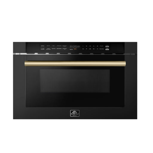 Forno Espresso Capoliveri 24-inch microwave drawer in black with antique brass handle, front view