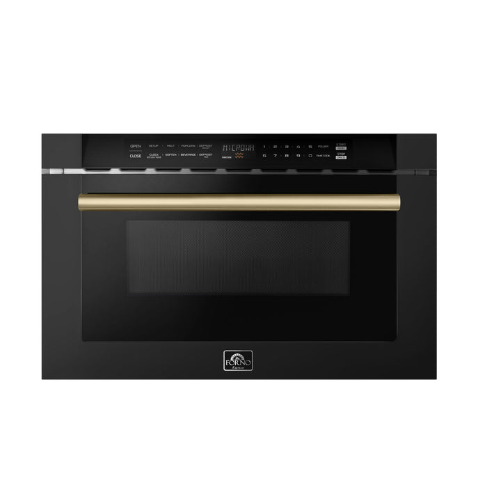 Forno Espresso Capoliveri 24-inch microwave drawer in black with antique brass handle, front view