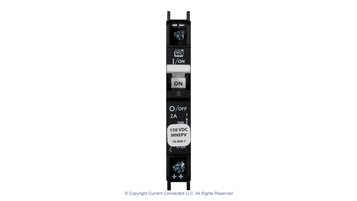 High quality photo of the Midnite Solar - MNEPV2 - 150Vdc Din-Rail Mount Polarized Circuit Breaker 2A- Front View. Photographed by Current Connected