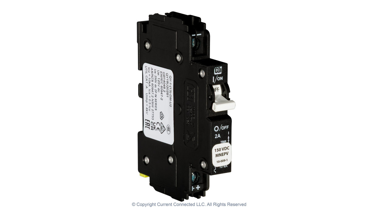 High quality photo of the Midnite Solar - MNEPV2 - 150Vdc Din-Rail Mount Polarized Circuit Breaker 2A - Angled View. Photographed by Current Connected