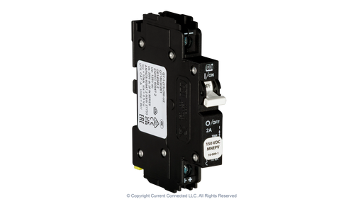 High quality photo of the Midnite Solar - MNEPV2 - 150Vdc Din-Rail Mount Polarized Circuit Breaker 2A - Angled View. Photographed by Current Connected