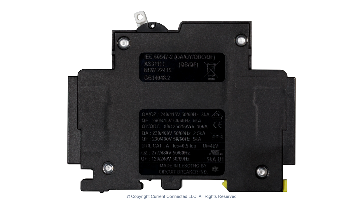 High quality photo of the !Midnite Solar - MNEPV2 - 150Vdc Din-Rail Mount Polarized Circuit Breaker 2A - Side View. Photographed by Current Connected