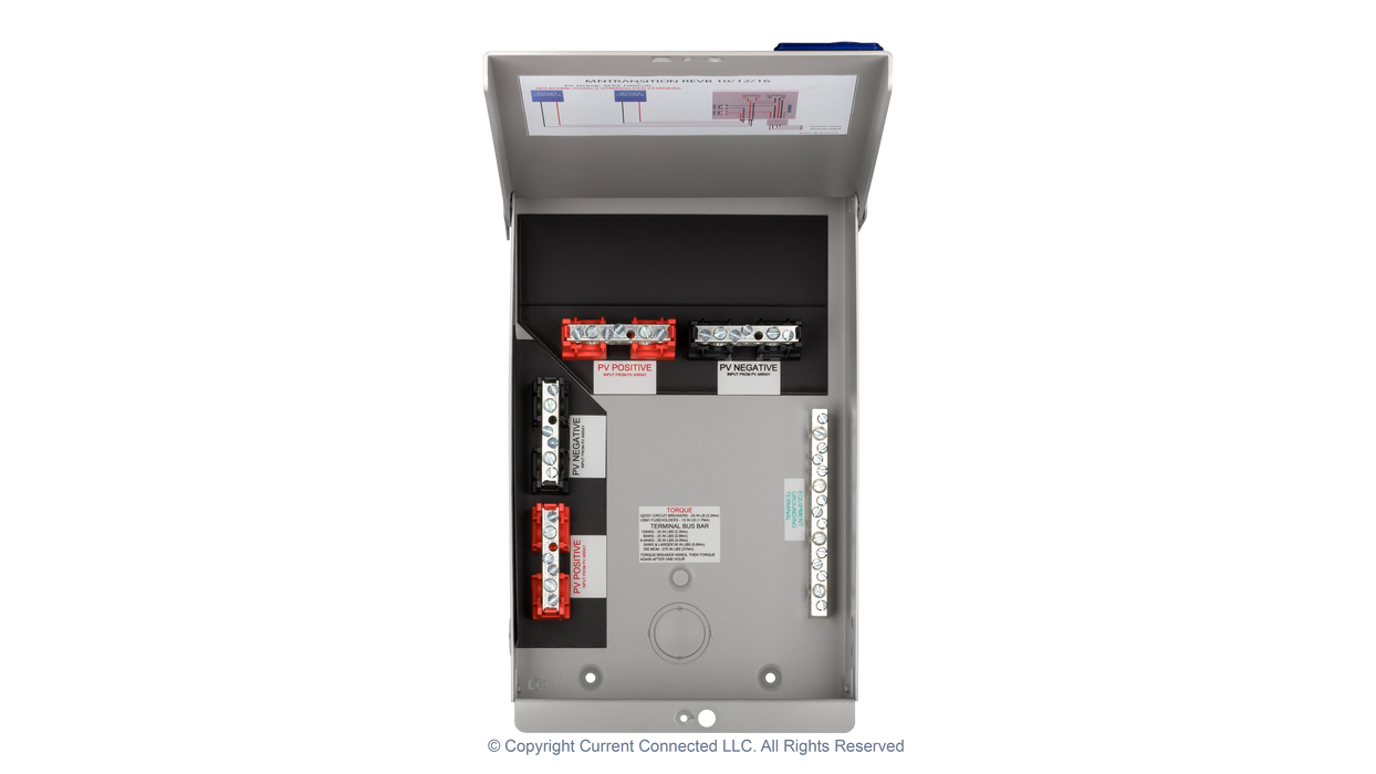 High quality photo of the Midnite Solar - MNTRANSITION - Transition Box - Internal and Cover View. Photographed by Current Connected