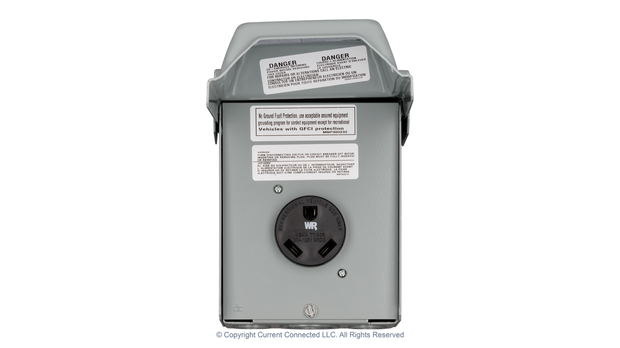 High quality photo of the Midwest - 784567575330 - 30A TT-30 Outdoor RV Outlet - Front Open. Photographed by Current Connected