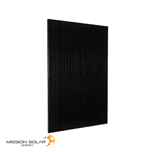 Mission Solar 435W Monofacial Solar Panel - Domestic Content - front-facing with a slight left tilt  of Mission Solar 435W all-black , American-made.