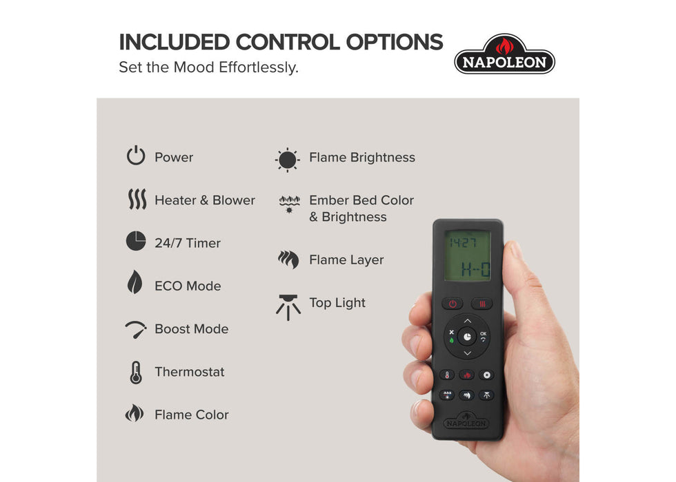 Napoleon Rosedale Electric 2 built-in electric fireplace insert feature infographic 3