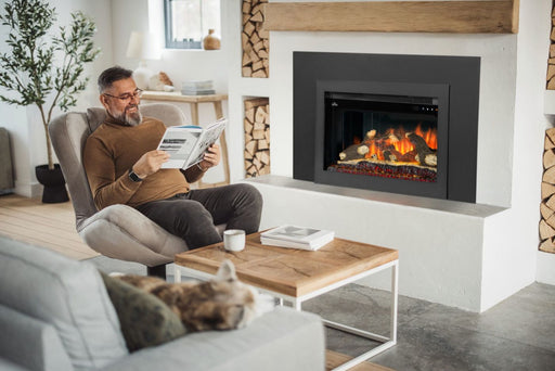 Napoleon Rosedale Electric 2 built-in electric fireplace insert with 4-sided faceplate and 3-sided backerplate in a living room