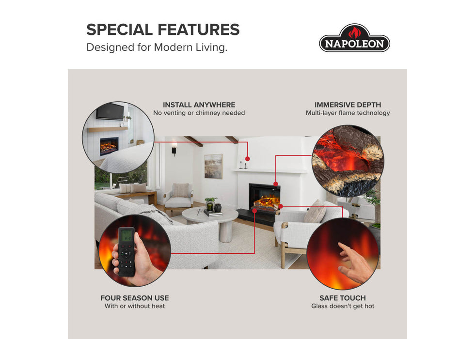 Napoleon Rosedale Electric 2 built-in electric fireplace insert feature infographic 4