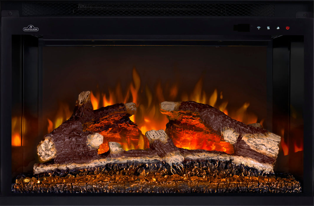 Napoleon Rosedale Electric 3 built-in electric fireplace insert front view with orange flames