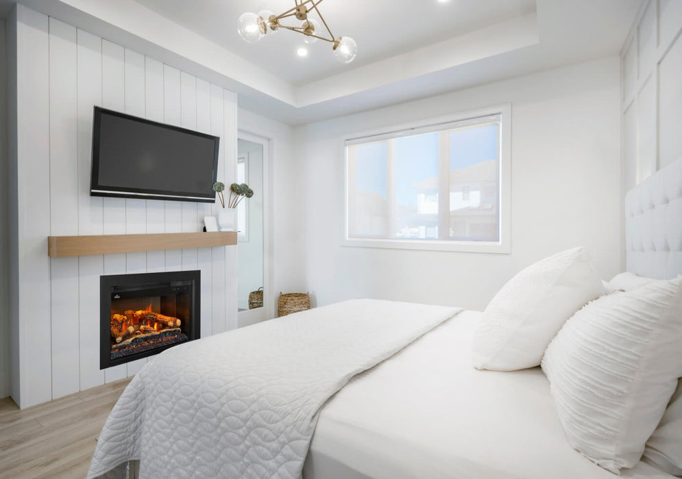 Napoleon Rosedale Electric 3 built-in electric fireplace insert in a bedroom