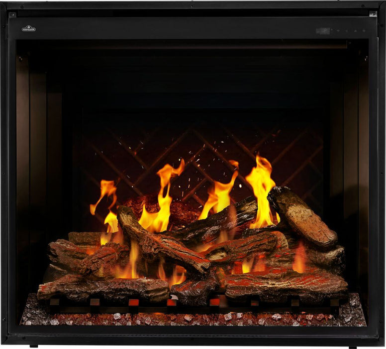 Napoleon Elevation X 36 electric fireplace with LCD flames front view with wood flame video and split oak logs