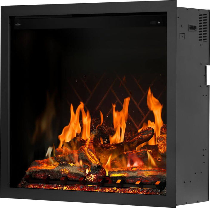 Napoleon Elevation X 42 electric fireplace with LCD flames left angle with wood flame video