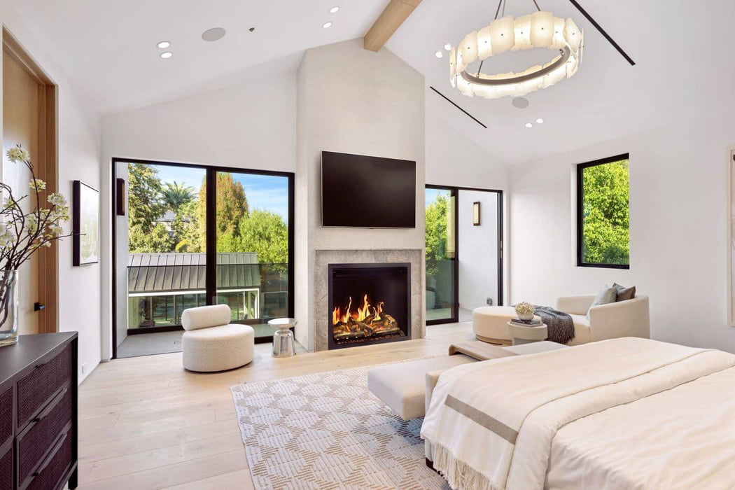 Napoleon Elevation X 42 electric fireplace with LCD flames in a bedroom