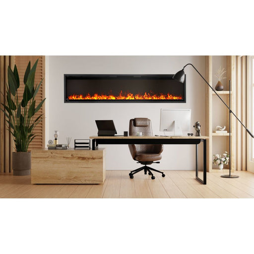 Astound 74 SlimMount electric fireplace recessed flush into a living room wall