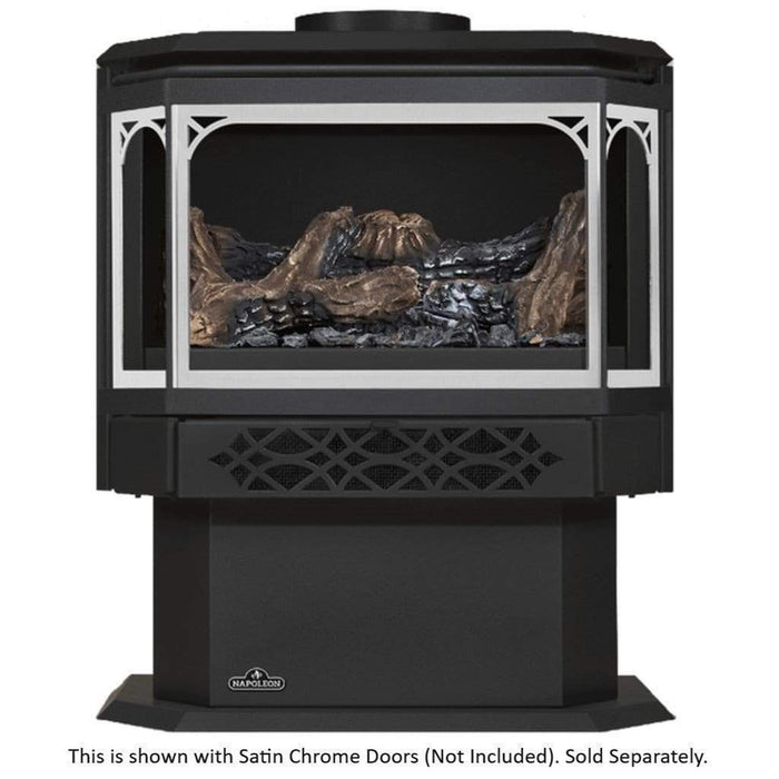 Napoleon Haliburton GDS28-1NE gas stove shown with optional satin chrome door and accent
