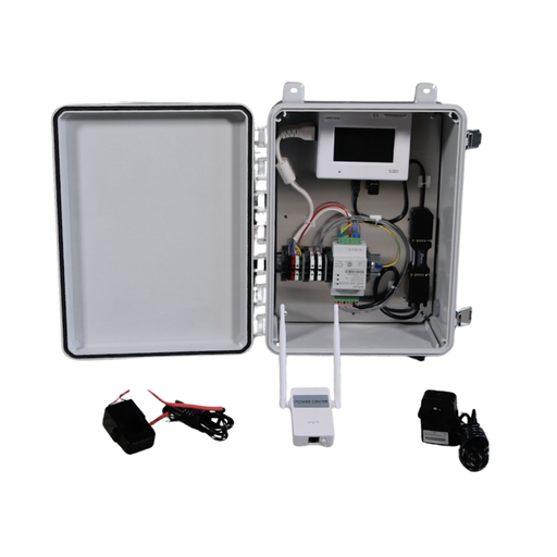 Duracell Power Center Communication Gateway + Consumer Grade Meter + WiFi - Duracell Power Center Communication Gateway with Consumer Grade Meter (CGM) and WiFi, shown with open enclosure, internal wiring, display module, and included power adapters.