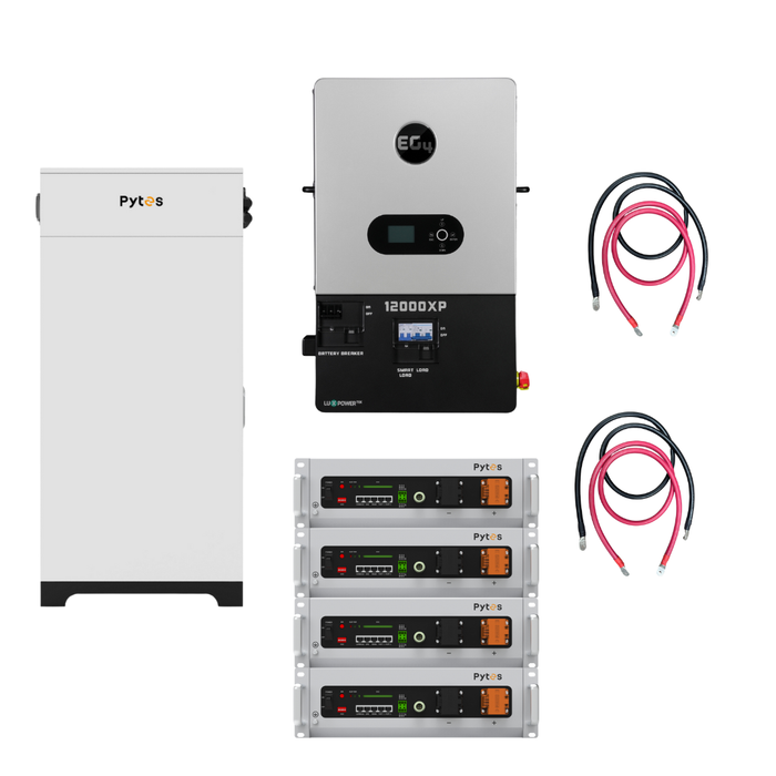 EG4 12000XP Off-Grid Inverter + Pytes V5 Rack Battery Power Bundle {BNDL-E0031} - EG4 12000XP inverter with Pytes indoor battery cabinet system. The image includes the Pytes cabinet on the left, EG4 inverter in the center, battery cables on the right