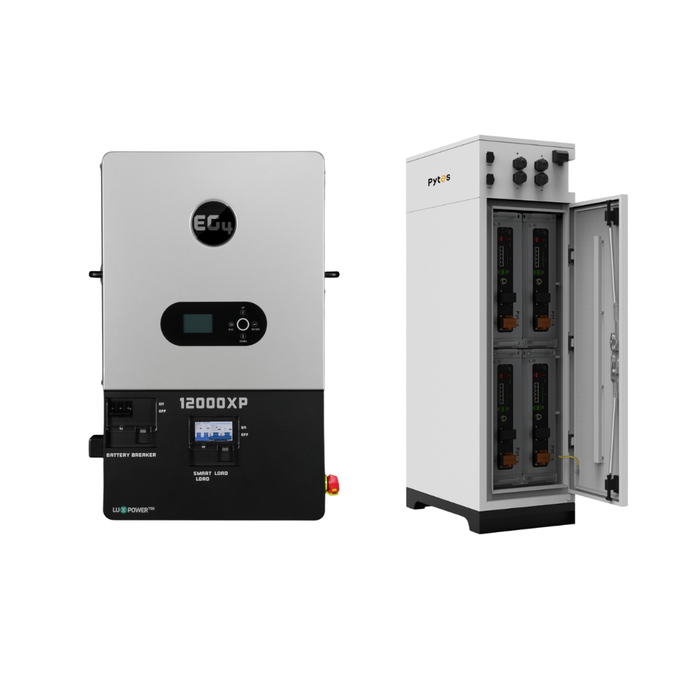 EG4 12000XP Off-Grid Inverter + Pytes V5 Rack Battery Power Bundle {BNDL-E0031} - EG4 12000XP off-grid inverter paired with Pytes indoor battery cabinet. The image shows the inverter on the left, featuring its LCD display and breaker switch, and the 