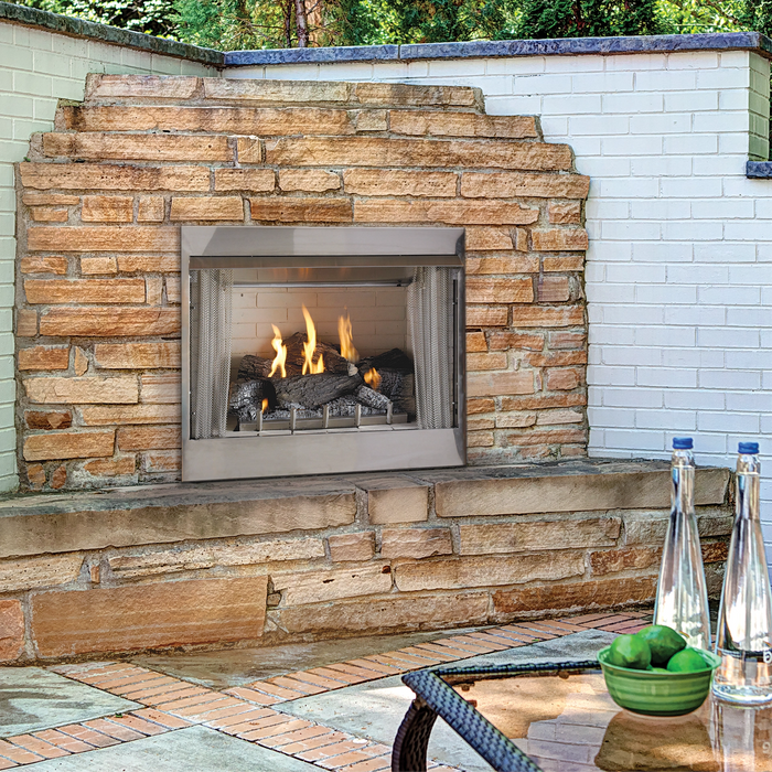 Empire Carol Rose Premium 42 outdoor firebox shown with burner and logs (sold separately)