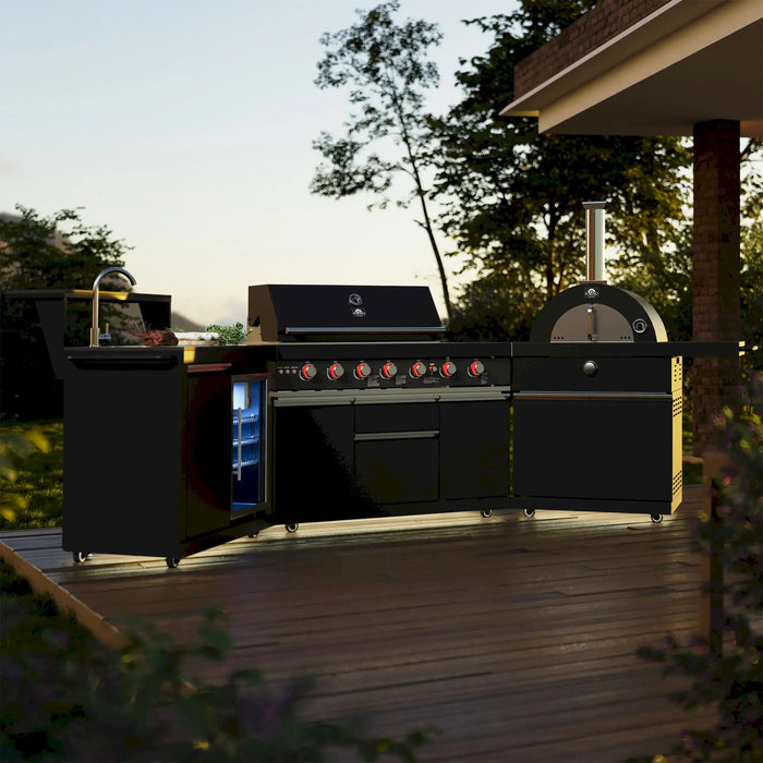 Forno All'Aperto Outdoor Kitchen Set with 87,600 BTU BBQ, Sink & Bar Module, Gas Pizza Oven, Black Sintered Stone Countertops in Black (FODKT2551BLK)