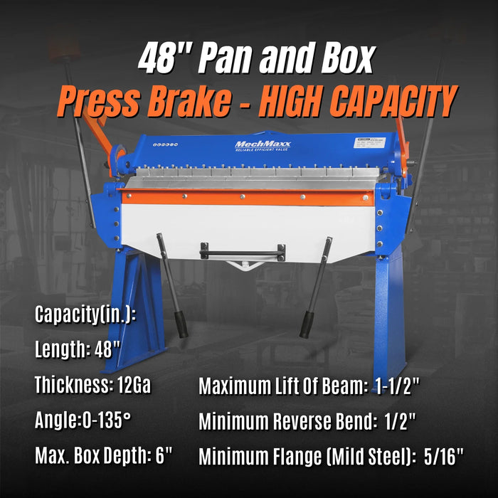 48” Manual Pan and Box Brake - Heavy Duty, Durable Construction, 12 Gauge Mild Steel, 135° Bending Angle, Individual Bending Fingers" PB4812