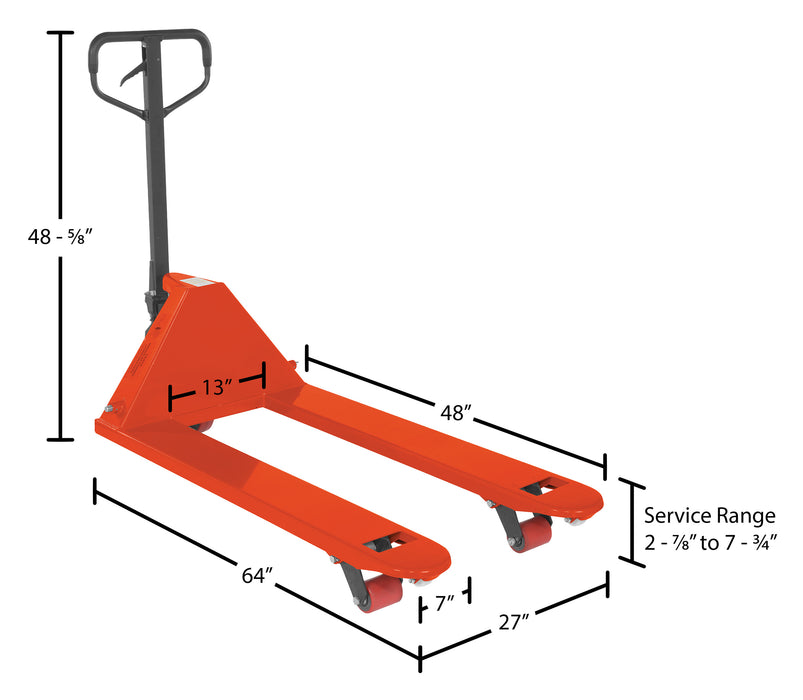 Vestil PM5-2748-OR steel full featured pallet truck dimensions diagram
