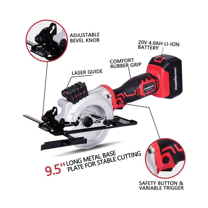 PowerSmart 20V Mini Circular Saw Cordless with 4.0Ah Battery and Charger PS76138A