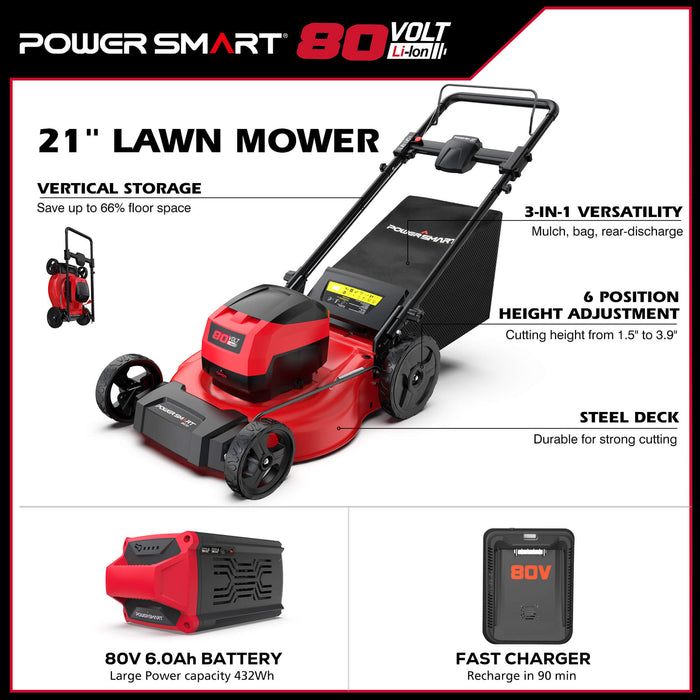 PowerSmart 80V 21" Cordless Push Lawn Mower w/ Battery & Charger PS76821